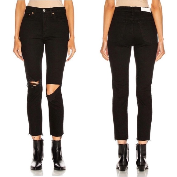 Re/Done 90s High Rise Black Distressed Ankle Jeans Size 25 - Picture 1 of 9